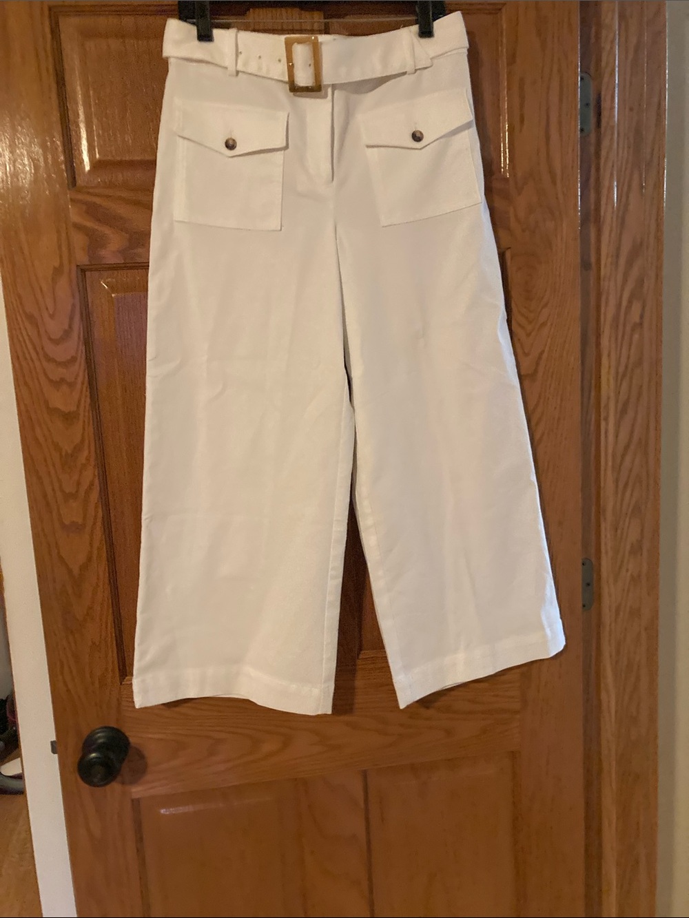 LOFT White High-Rise Wide-Leg Crop Cargo Pants with Belt
